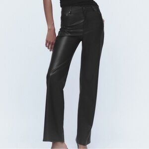 Zara Sleek High Rise Black Faux Leather Pleather Straight Leg Pants Trousers